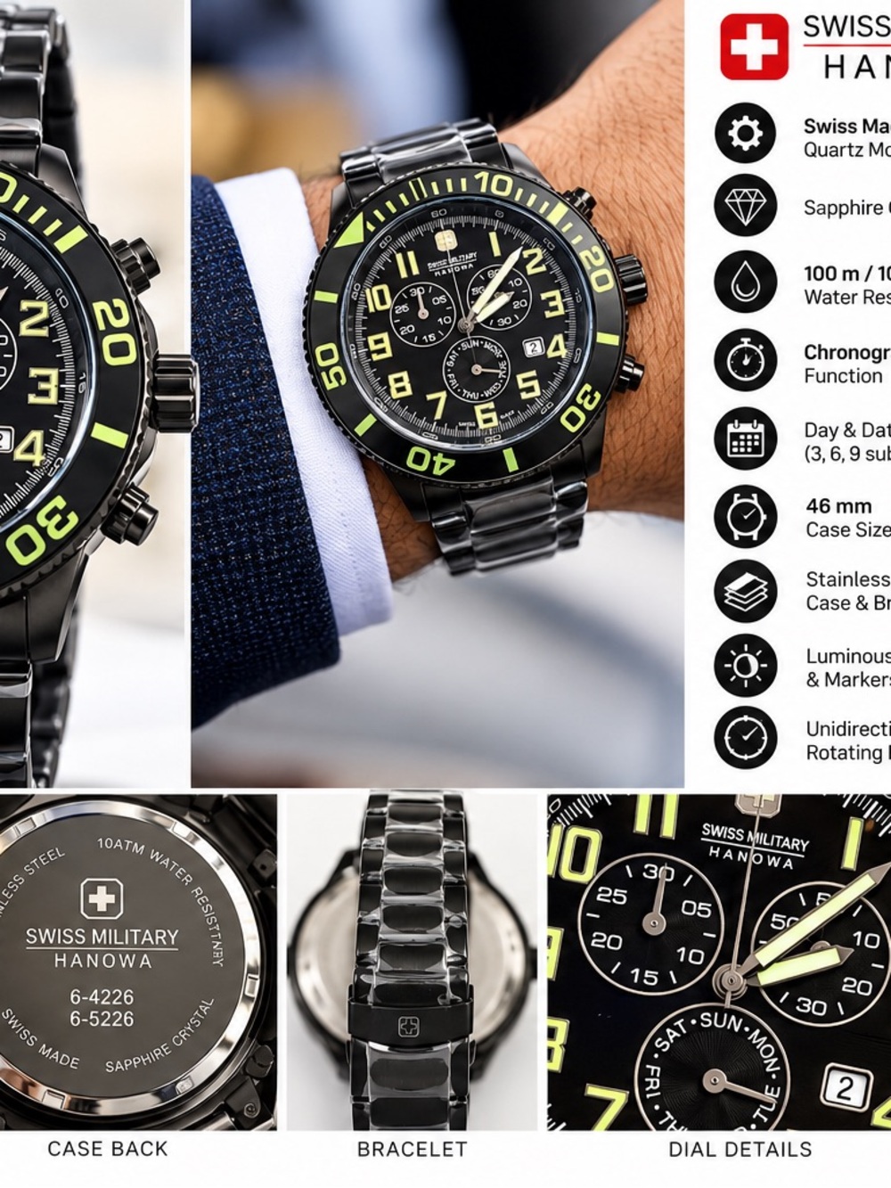 Swiss Military Hanowa Chronograph 6-5226 Sapphire 100M Black 46mm Swiss Watch